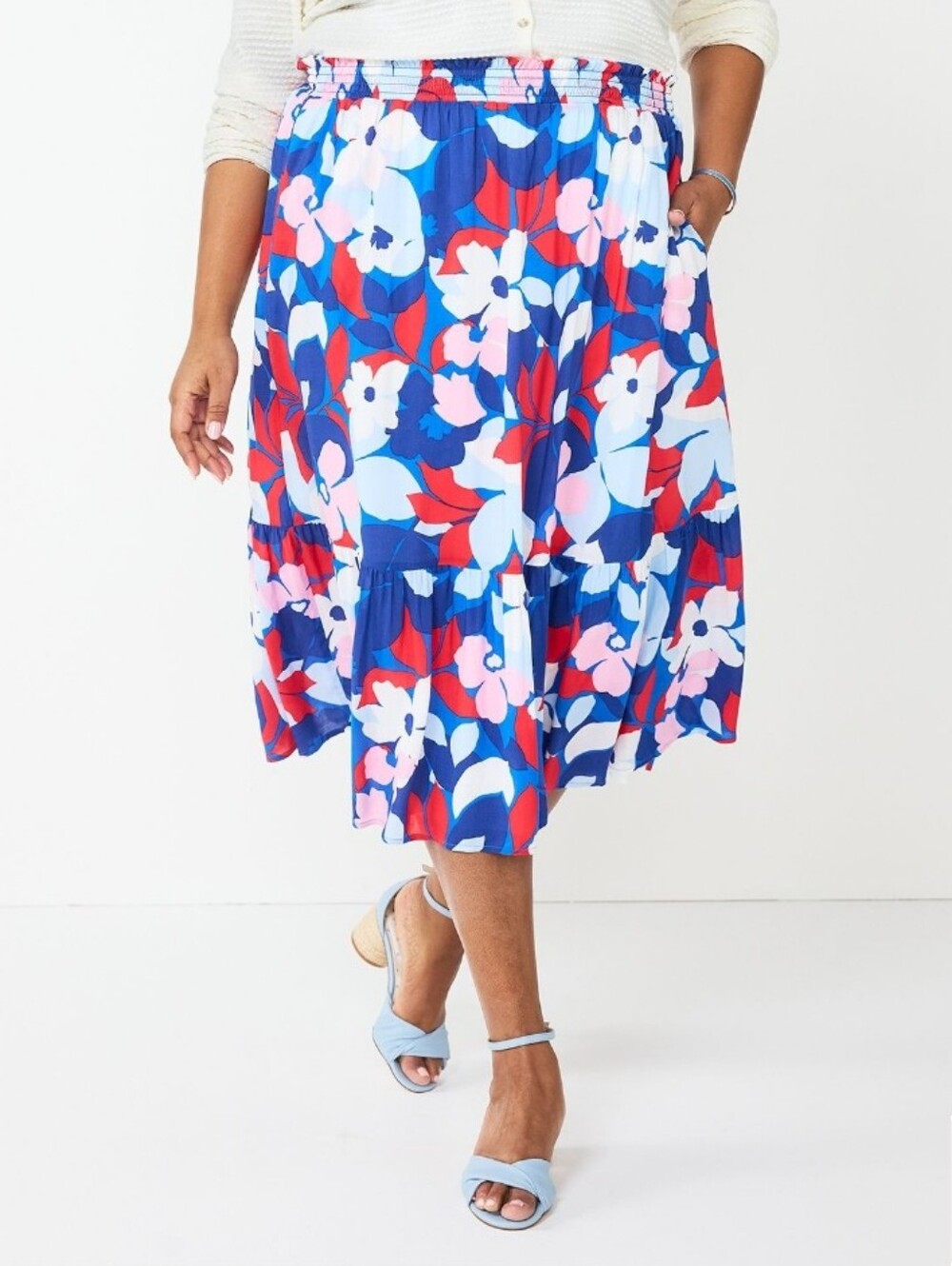Draper James RSVP Blue Floral Tiered Midi Skirt with Red and Pink Accents NWOT - Picture 1 of 11